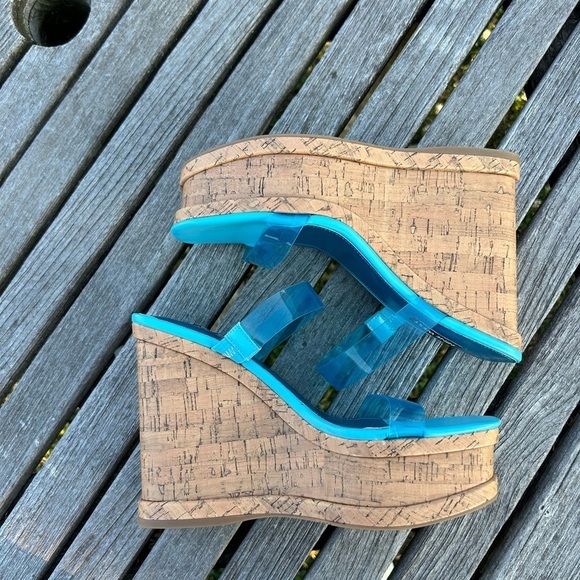 New Nine West Rapps‎ blue size 8 1/2 Cork Wedge Chunky Sandals - Picture 7 of 7
